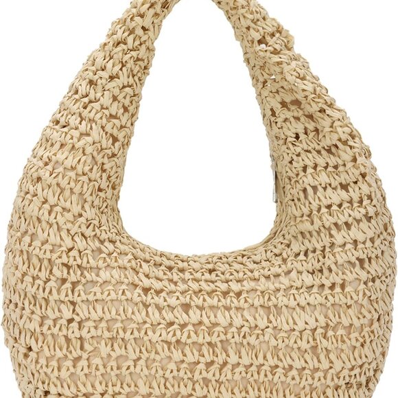 Women Hand Carry Only Straw Bag Crescent Summer Beach Purse Soft Faux Straw To